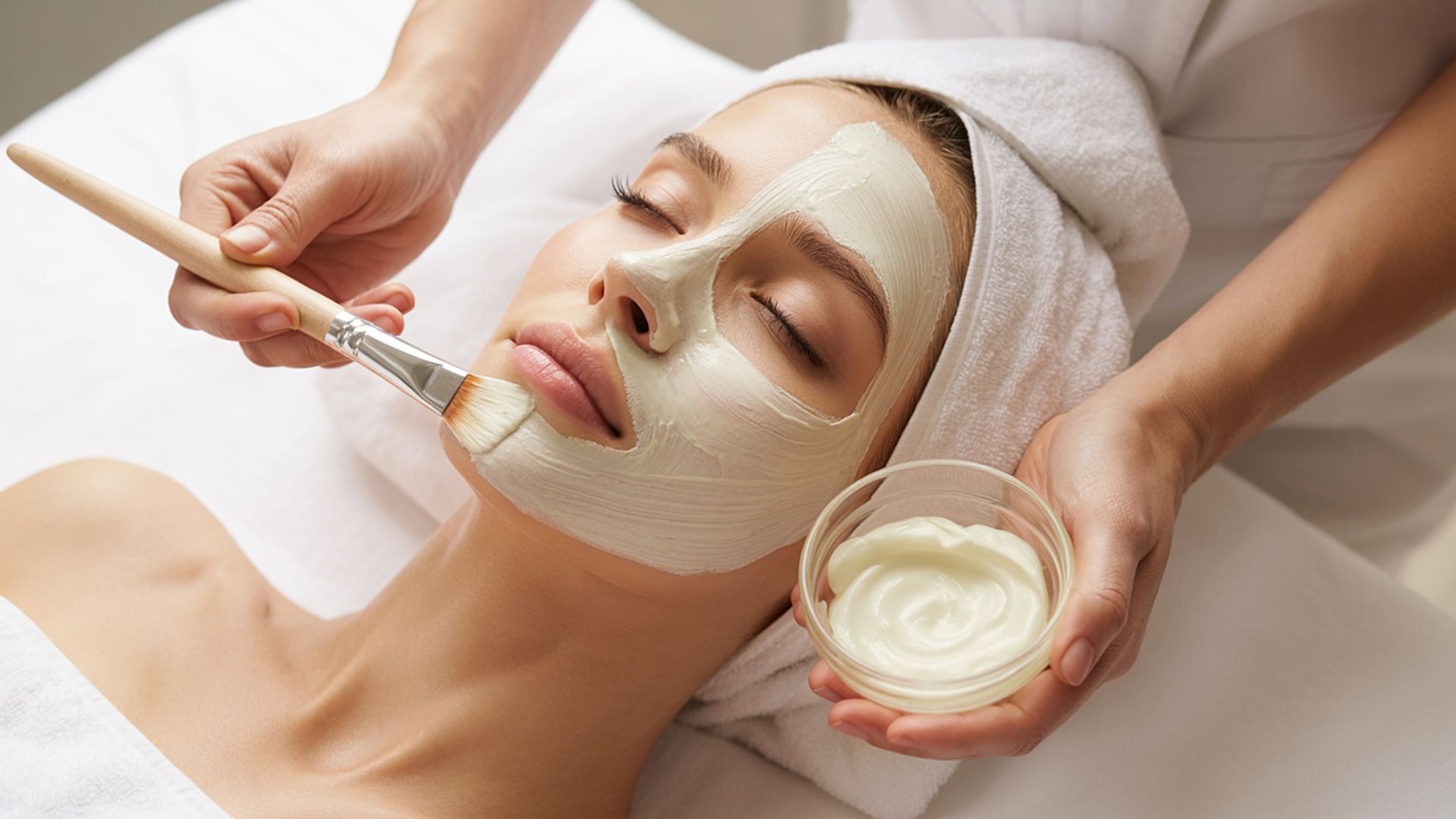 Esthetician applying a treatment masque during a facial in Pleasanton, CA
