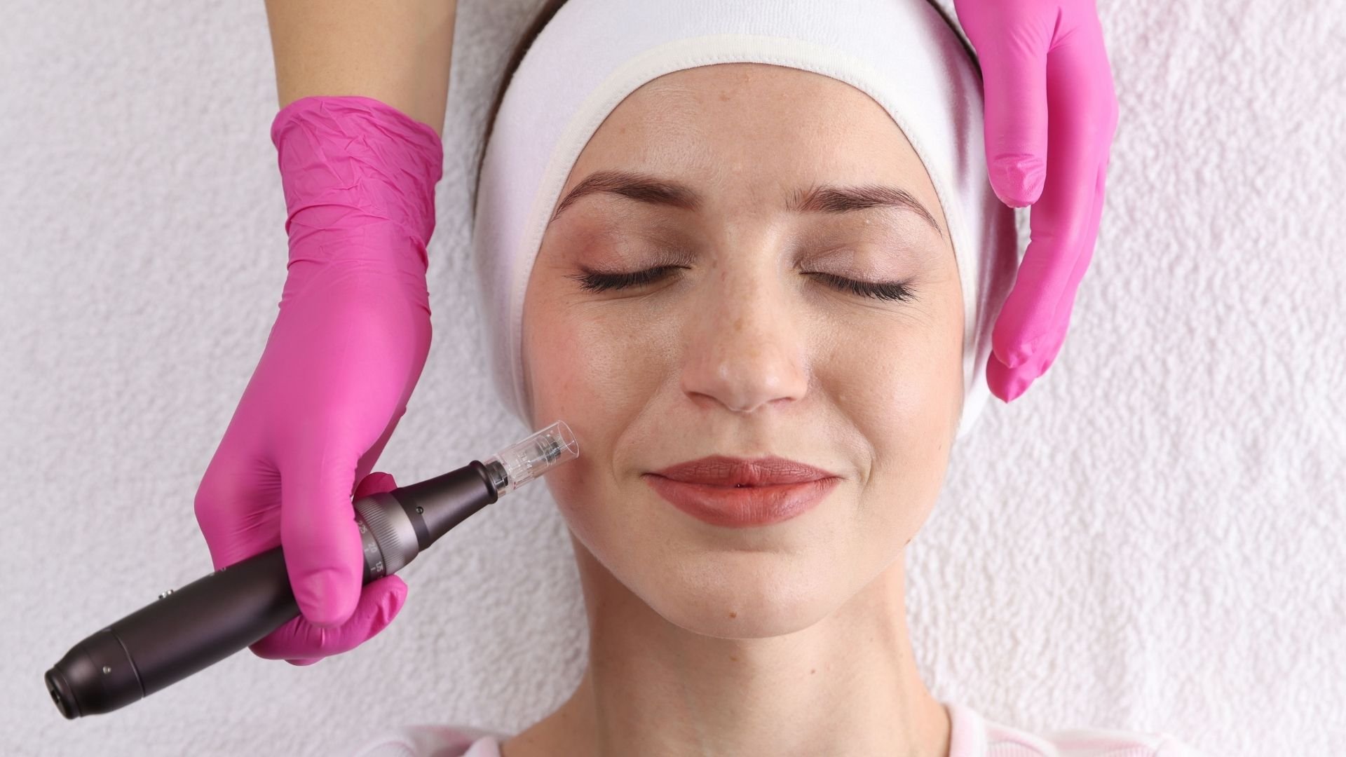 Aesthetician in pink gloves and headband performing microneedling treatment on woman's face
