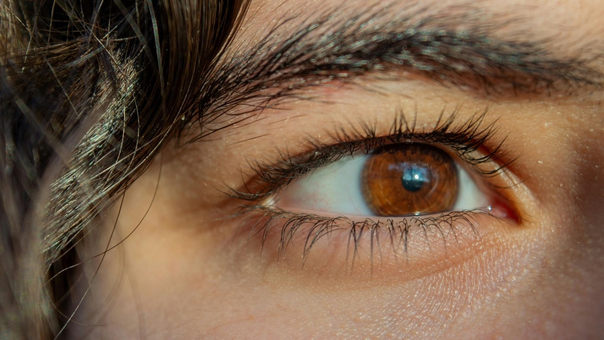 Close-up of person's eye with brown iris and dark eyelashes